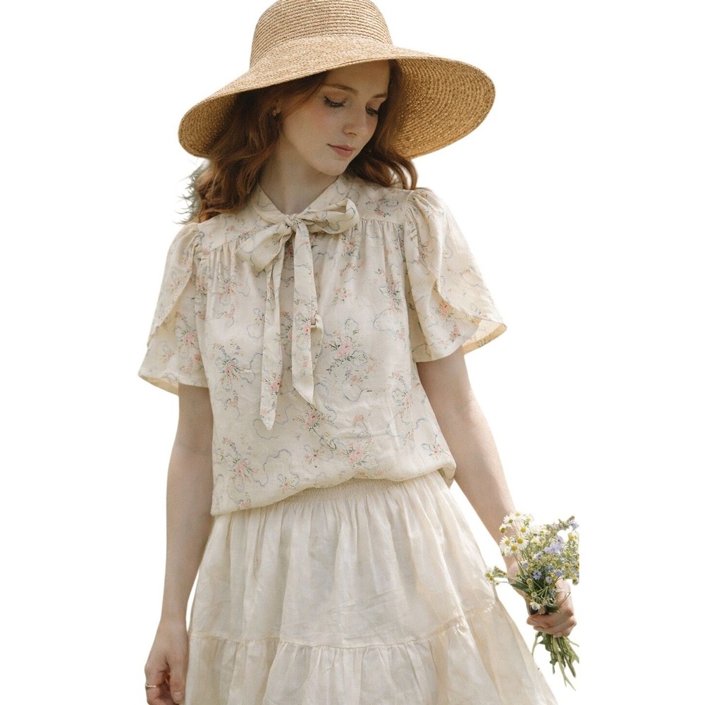 VINTAGE‎ Marian Sue Floral Bow Tie Prairie Blouse Cottagecore 9/10